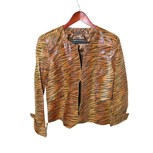 Pamela McCoy Size L New Leather Animal Print Jacket Zippered Front & Cuffs - Picture 1 of 15